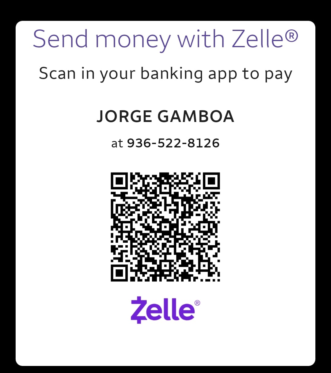 QR de Zelle para Jorge Gamboa, teléfono 936-522-8126